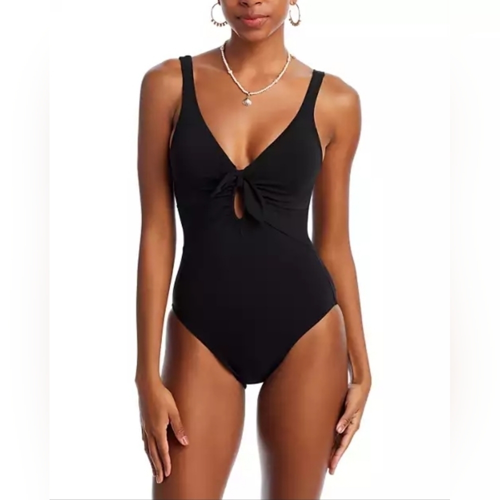 Robin Piccone Ava Knot Plunge Neck Tie-Front One Piece Swimsuit